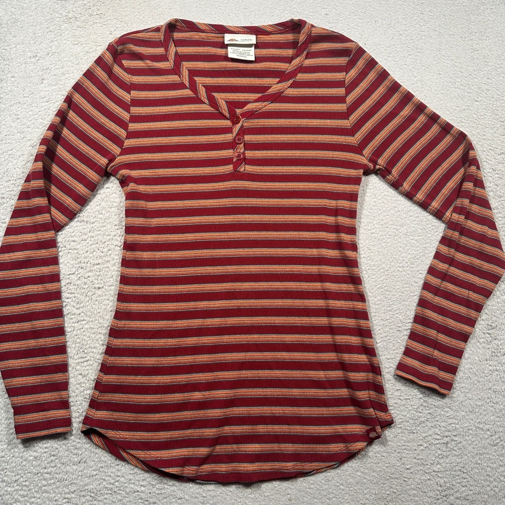 Dickies Henley Top Womens M Red Orange Striped Ribbed Long Sleeve Casual